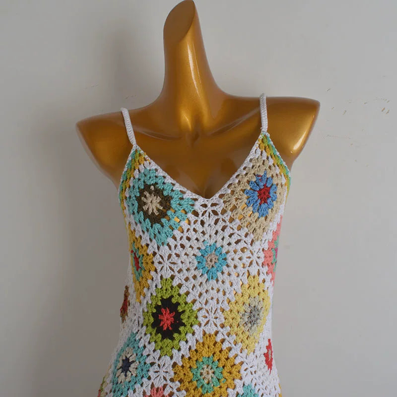 Model color dopamine cut-out handmade crochet V-neck sundress summer backless knitted camisole dress for women
