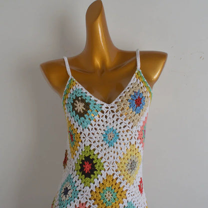 Model color dopamine cut-out handmade crochet V-neck sundress summer backless knitted camisole dress for women