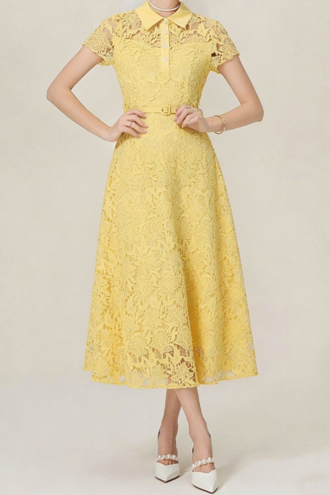 Lace Collared Belted Midi Dress