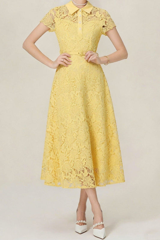 Lace Collared Belted Midi Dress
