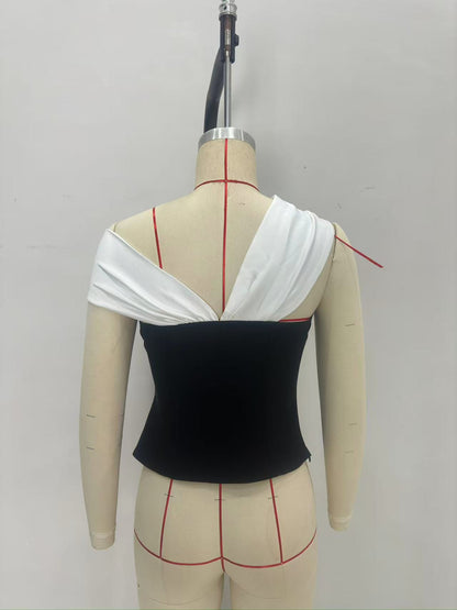 Black White Color Block Off Shoulder Twist Knot Fitted Tank Top