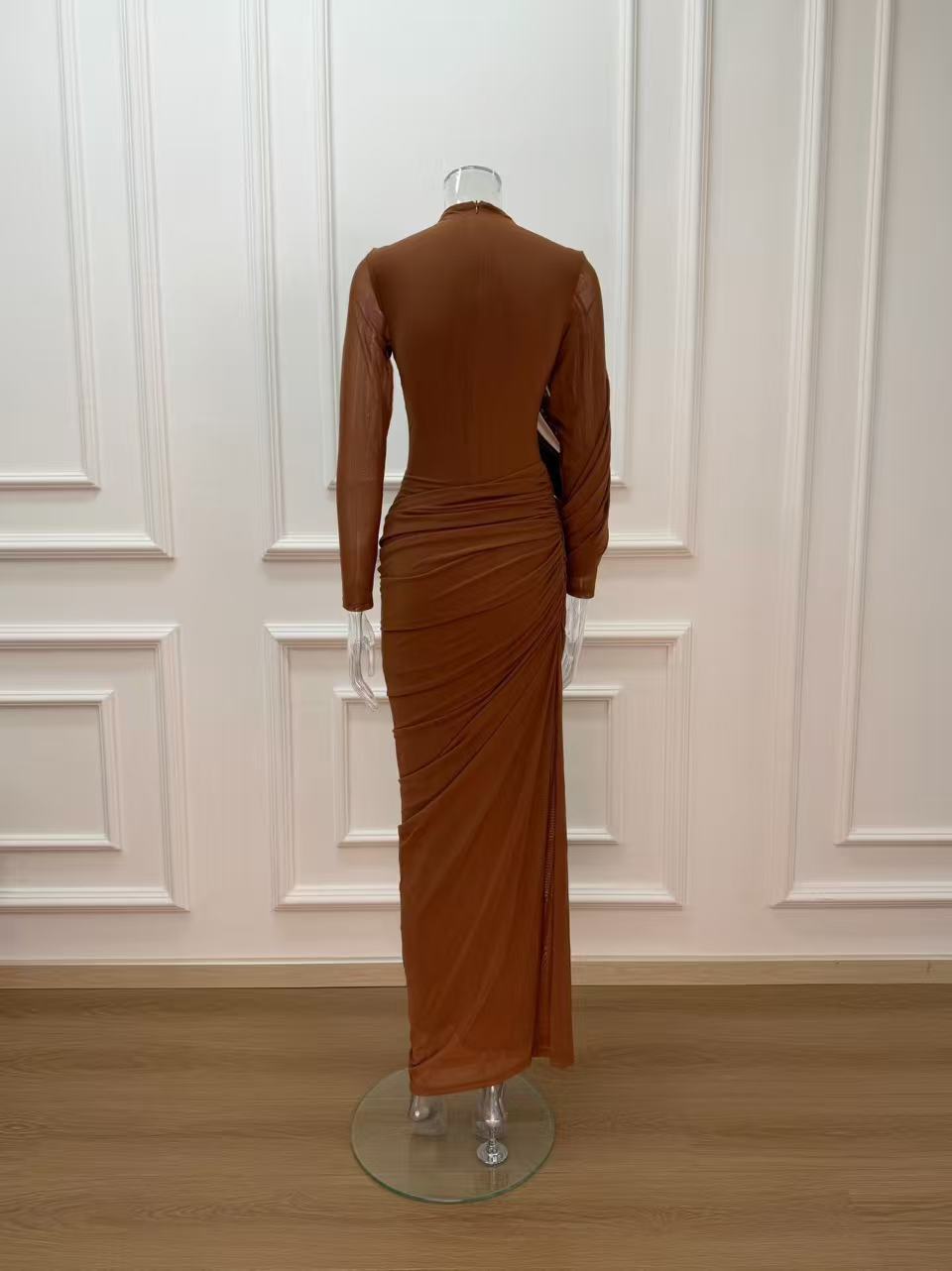 liz High Neck Asymmetric Drape ruched Maxi Dress in brown