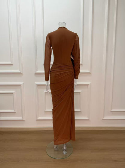 liz High Neck Asymmetric Drape ruched Maxi Dress in brown