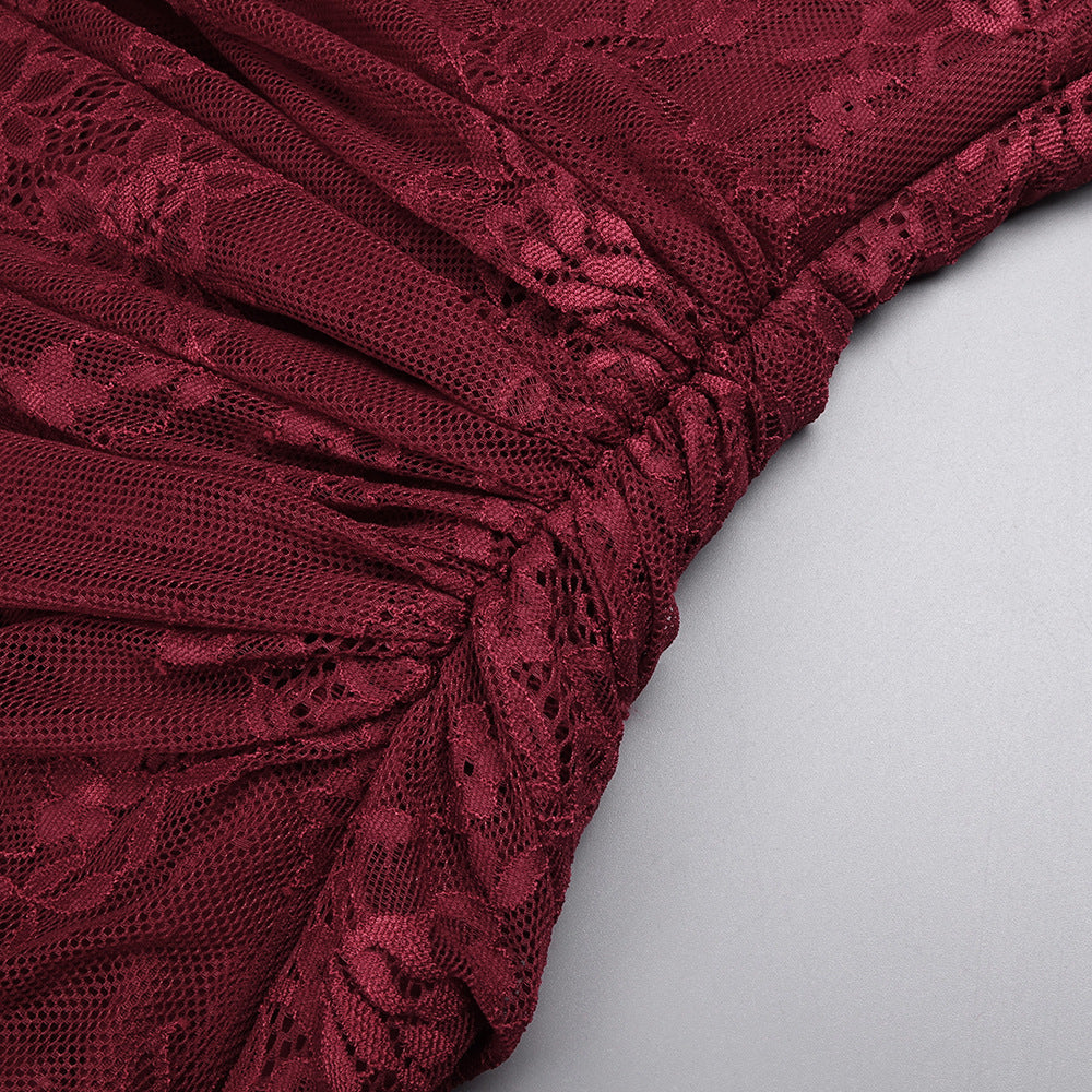 Wendy one-shoulder Lace maxi Dress In Burgundy