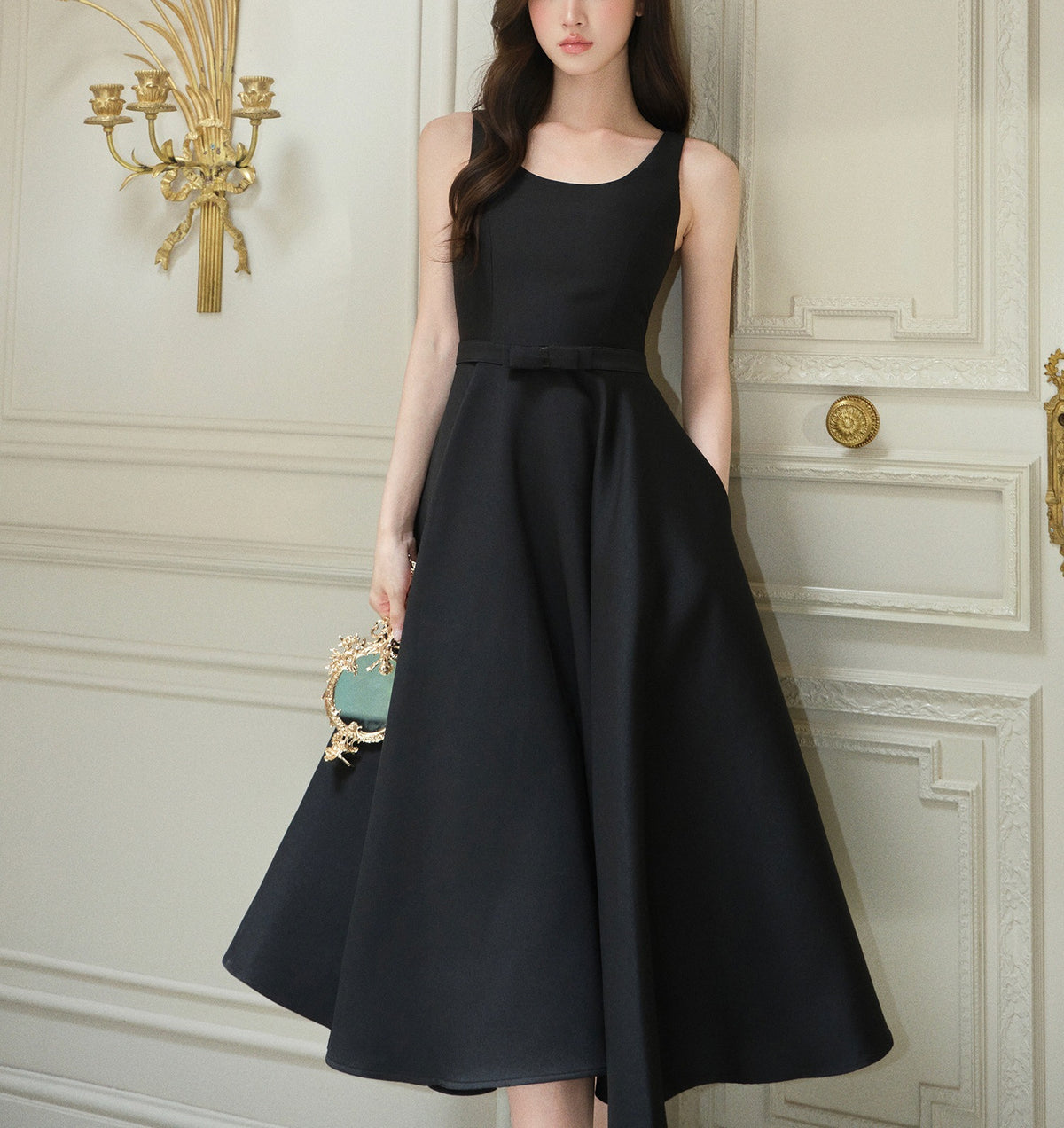 bow U-neck sleeveless Hepburn midi dress