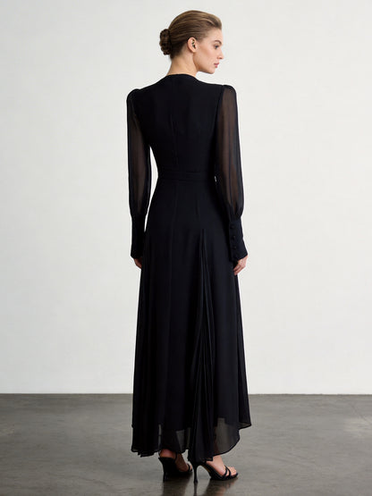 black V-neck long sleeves maxi dress