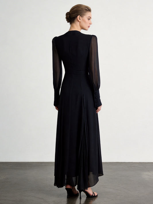 black V-neck long sleeves maxi dress