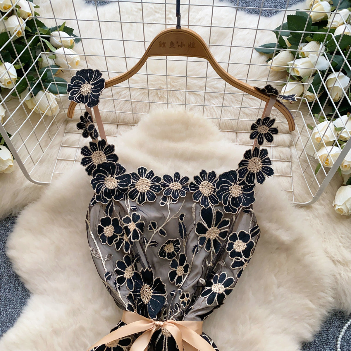 Black Embroidered Tulle Overlay A-Line Mini Dress