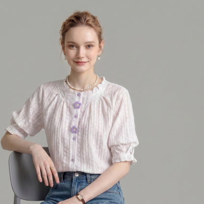 Ruffled Crew Neck Eyelet Puff Sleeve Blouse With Floral Buttons