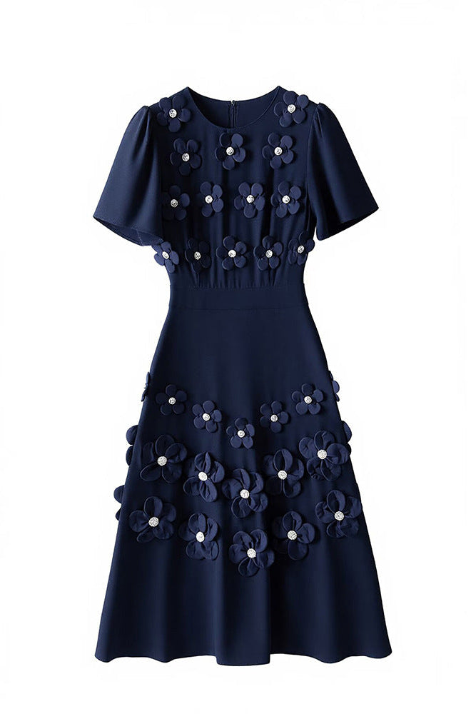 katherine 3d flower appliqué midi dress in navy blue