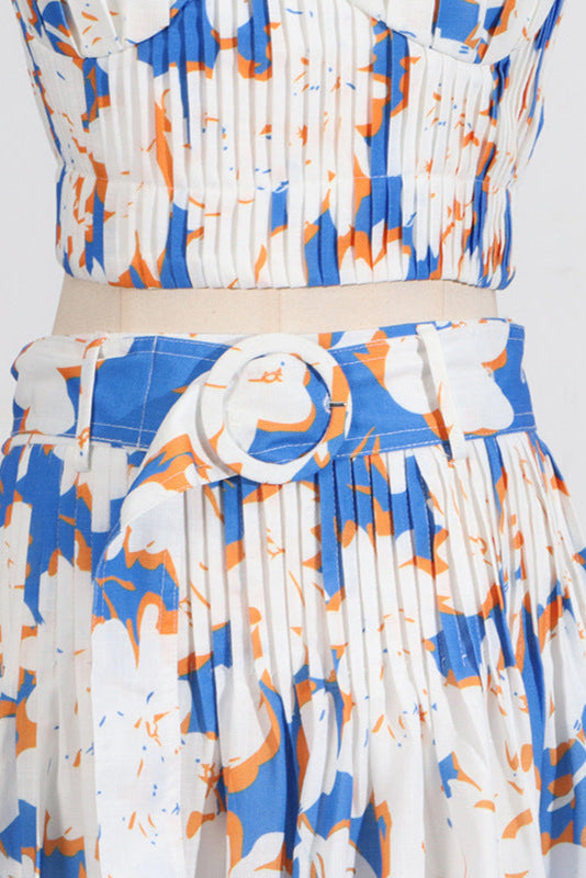 Pleated floral-print linen bustier top skirt set in blue