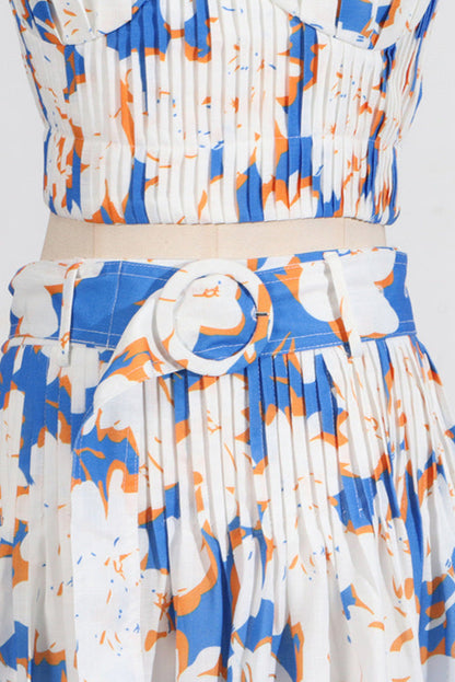Pleated floral-print linen bustier top skirt set in blue