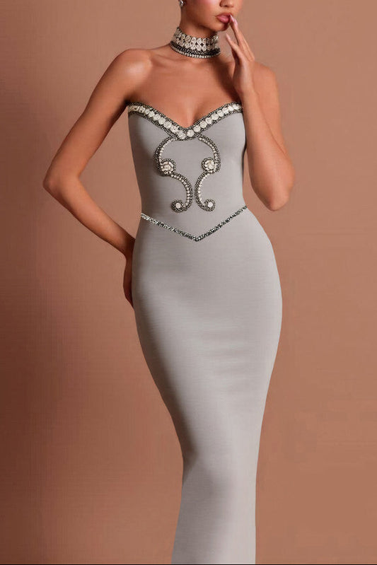 alyssa Gray Crystal Embellished Strapless Gown with Choker