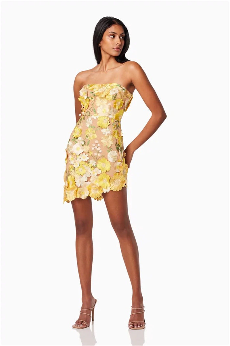 Strapless floral Mini Dress in yellow