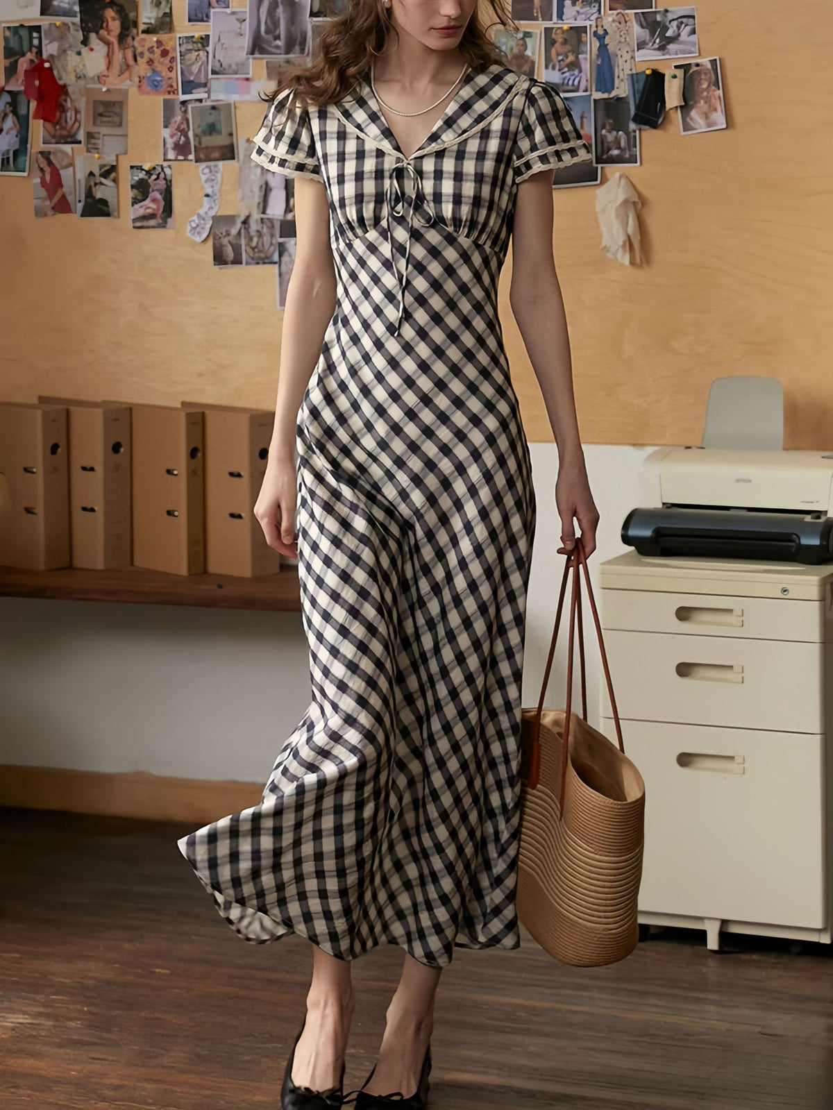 lace navy collar plaid dress