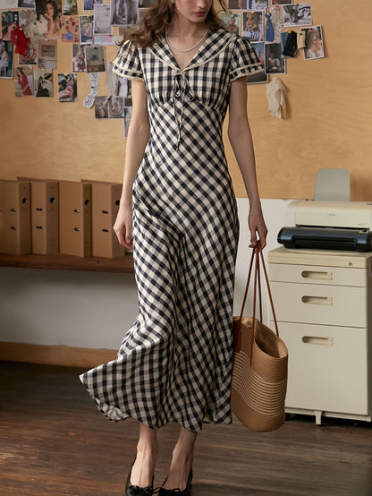 lace navy collar plaid dress
