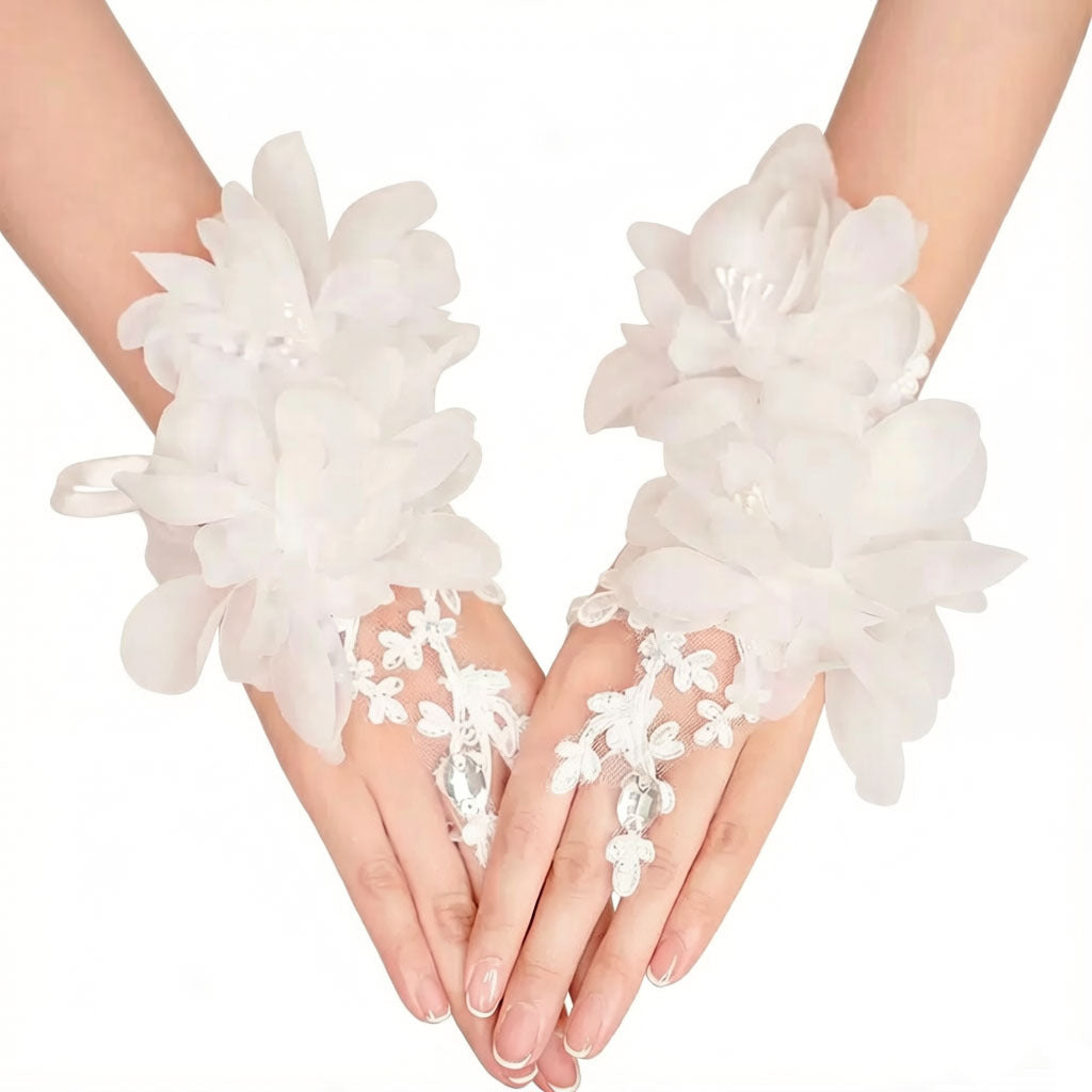3D Floral Pearl Leaf Lace Fingerless Long Bridal Gloves