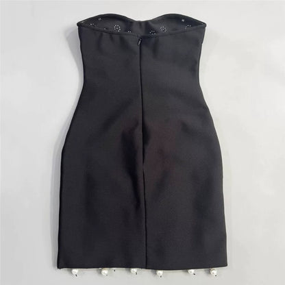 Strapless Pearl Rhinestone Cluster Bodycon Mini Dress