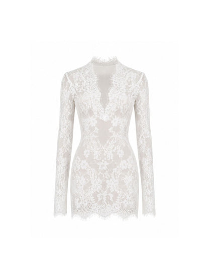 Cream Sheer Floral Lace Fitted Hourglass Layered Romper and Corset Set