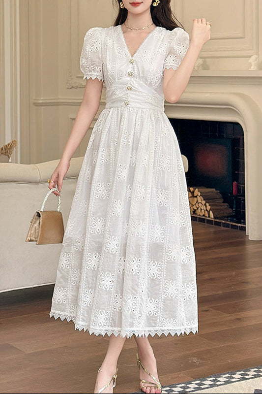 White Eyelet Embroidered Puff Sleeve Midi Dress