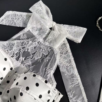 White Polka Dot Bustier Corset Top with Lace Halter