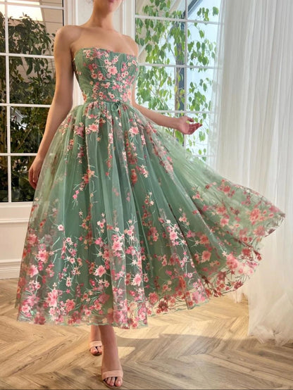 Strapless Floral Tulle Ballerina Midi Dress