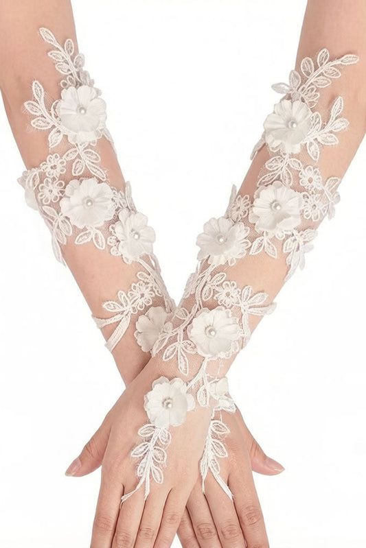 3D Floral Pearl Leaf Lace Fingerless Long Bridal Gloves