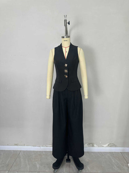 Black High Waist Pleated Wide Leg Suit Trousers Office Formal Loose Straight Dress Pants
