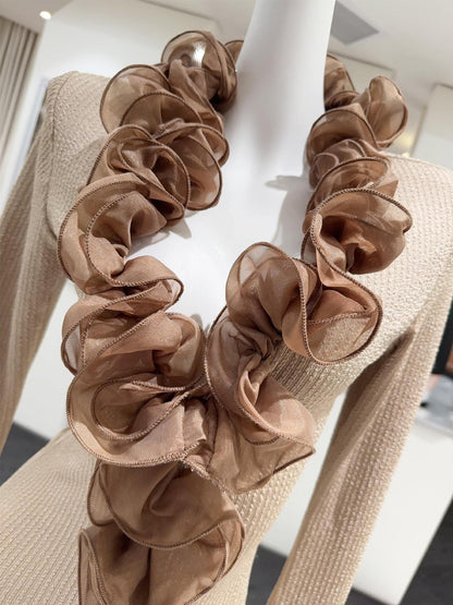 rachel Contour Long Sleeve Ruffle Knit Maxi Dress in pale brown