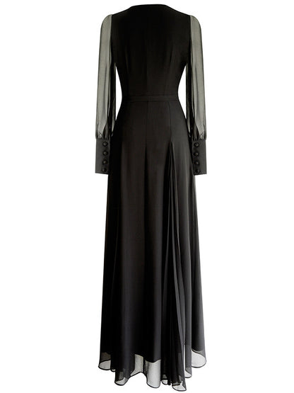 black V-neck long sleeves maxi dress