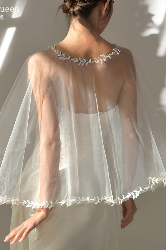 White Leaf Embroidery Sheer Tulle Bridal Cape Shrug