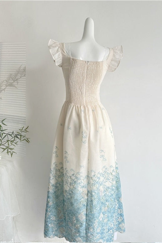 White Cotton Woven Fit-and-Flare Midi Dress with Gradient Floral and Eyelet