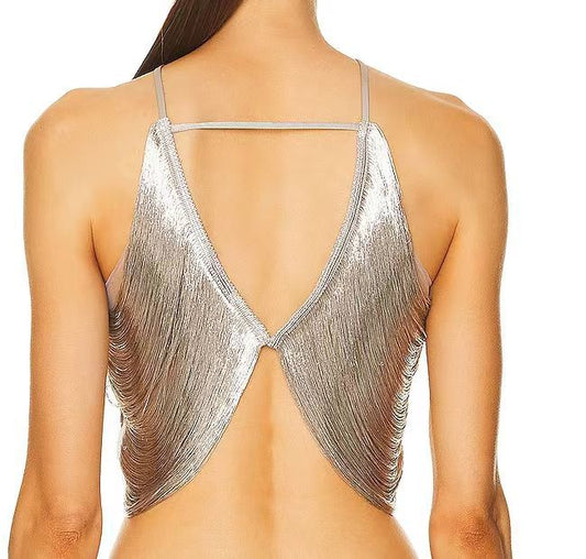 off shoulder camisole vest irregular fringed halterneck top