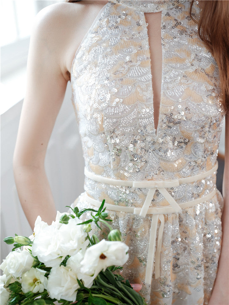 Gold Couture with Floral Embroidery Sequin Banquet Dress