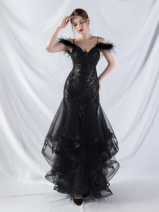 feather sequin strapless tulle maxi dress