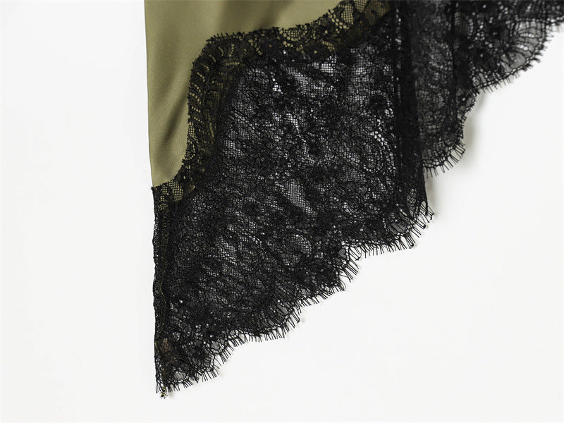 Olive Green Satin Asymmetrical Slip Dress with Black Lace Trim