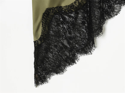 Olive Green Satin Asymmetrical Slip Dress with Black Lace Trim