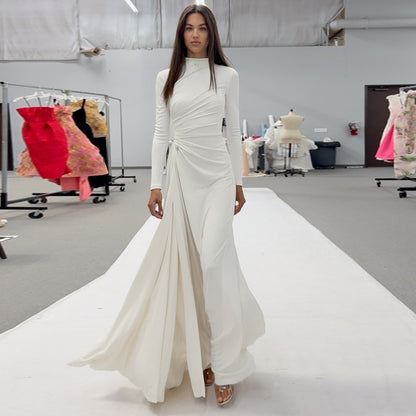 rita Metallic Double Ball Long-Sleeve High-Slit maxi Dress in white