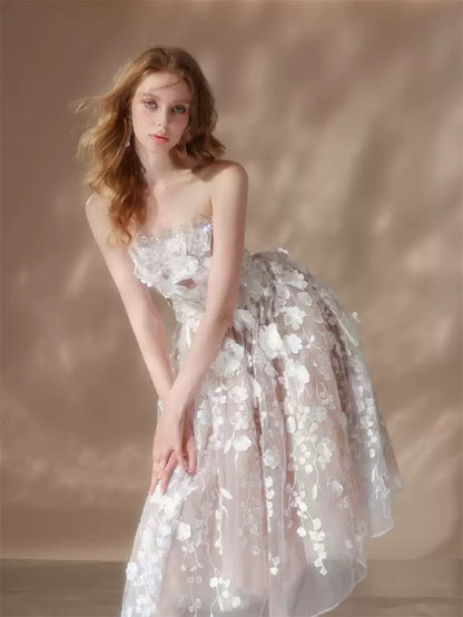 anna crystal floral embroidery midi dress in white