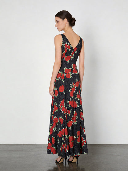 black red rose print slip mermaid dress