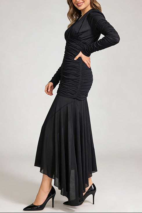 josephine v-neck ruched long-sleeve maxi dress in black