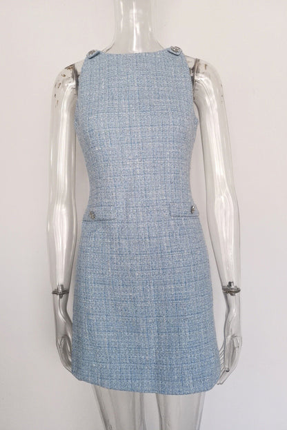 halter neck tweed vest mini dress in blue