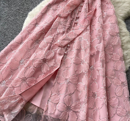 Light Pink Sheer Organza A-Line Midi Dress with Floral Applique
