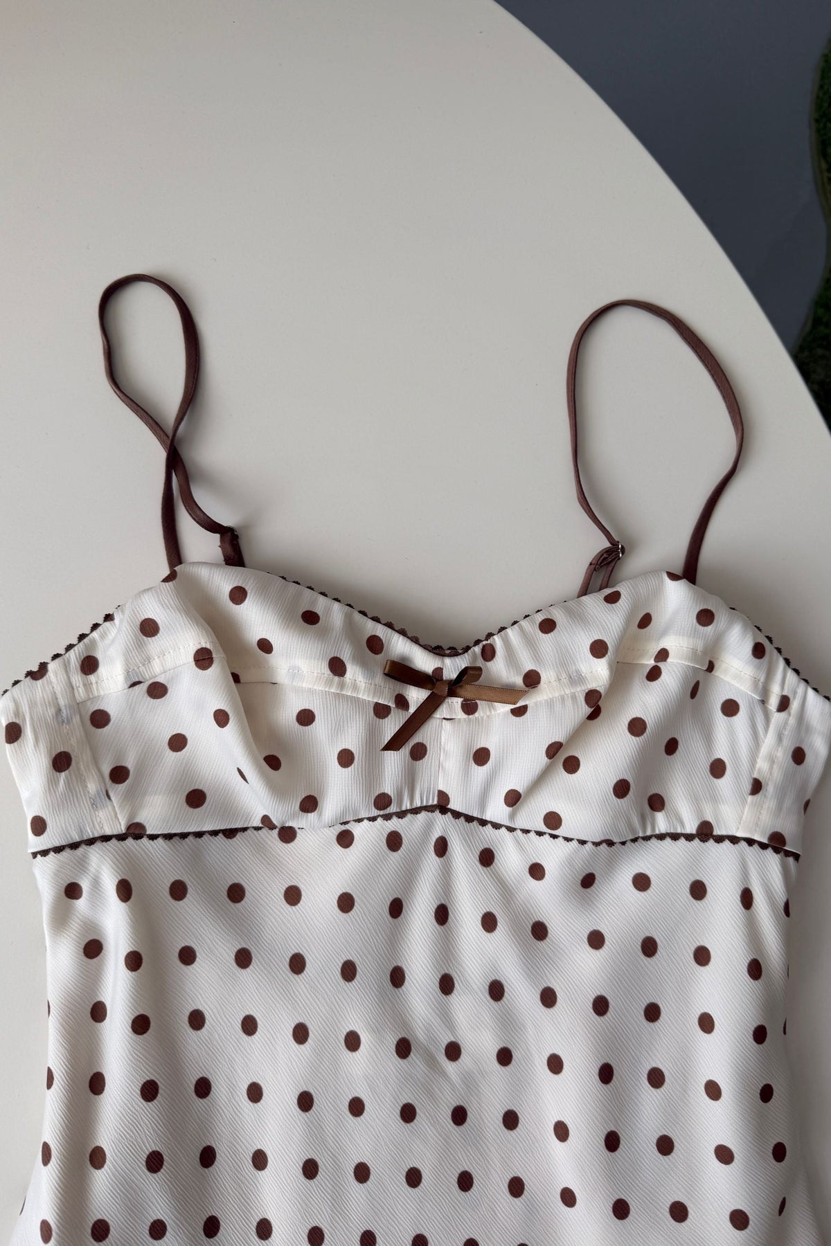 Satin Polka Dot Mini Dress in beige