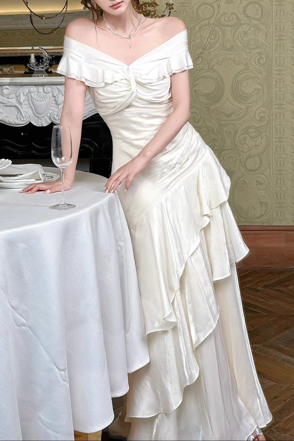 Off Shoulder Twist Ruched Tiered Ruffle Satin Maxi Dress