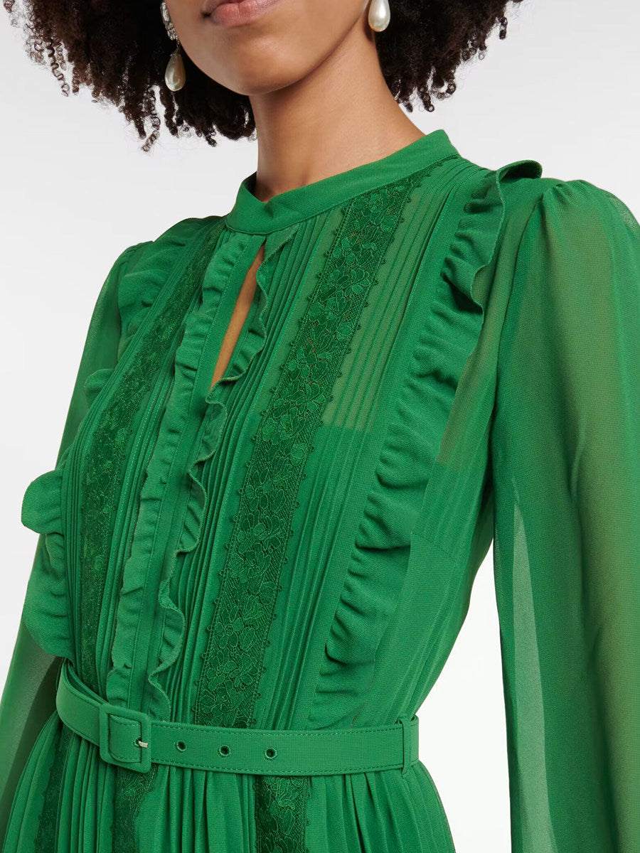 green long sleeve lace splicing pleated dress