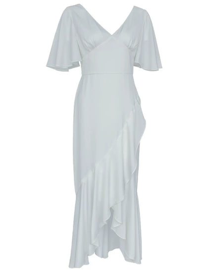 White irregular V-neck, backless long skirt, flared sleeves, elegant dress skirt, waist slimming, satin dress
