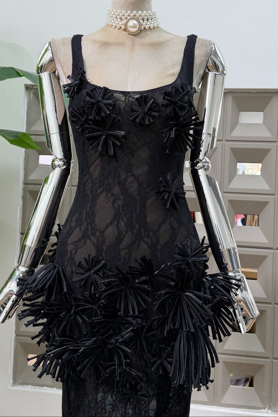 Black Lace Maxi Dress with 3D Floral Appliqués