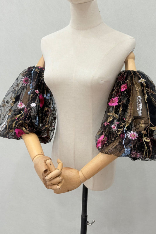 Black Sheer Tulle Multicolor Floral Embroidery Detachable Puff Arm Cuffs