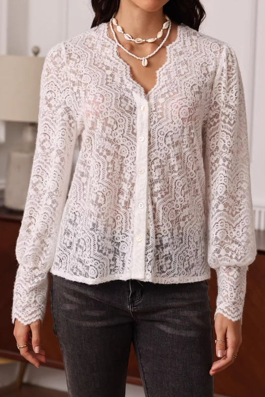 V-neck long sleeve lace top